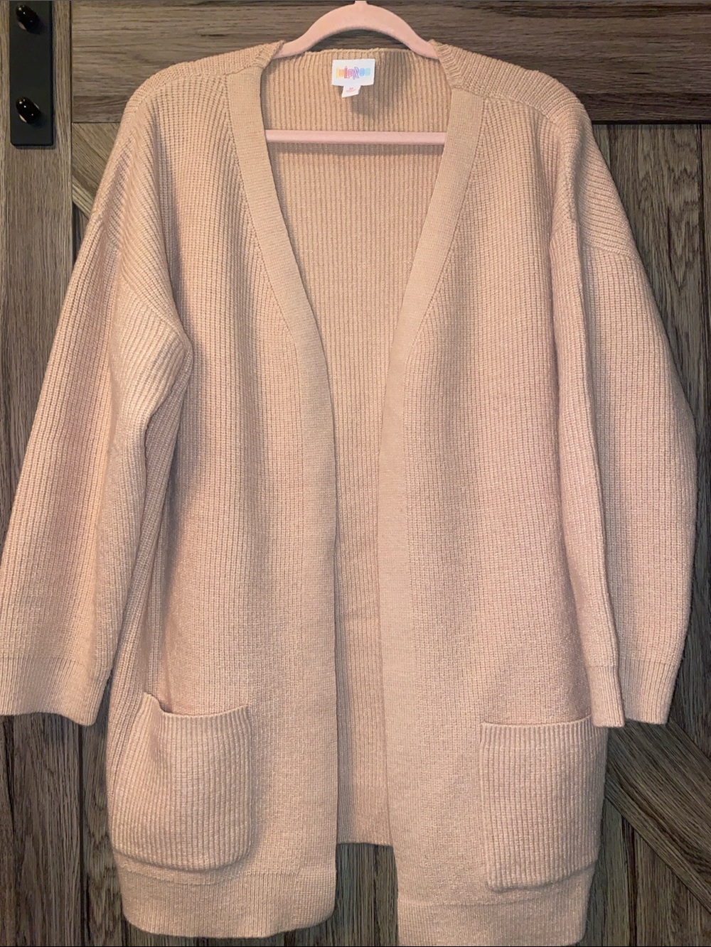 LuLaRoe Open Front Ribbed Knit Cardigan Sweater Pink Blush Medium Pockets Cozy